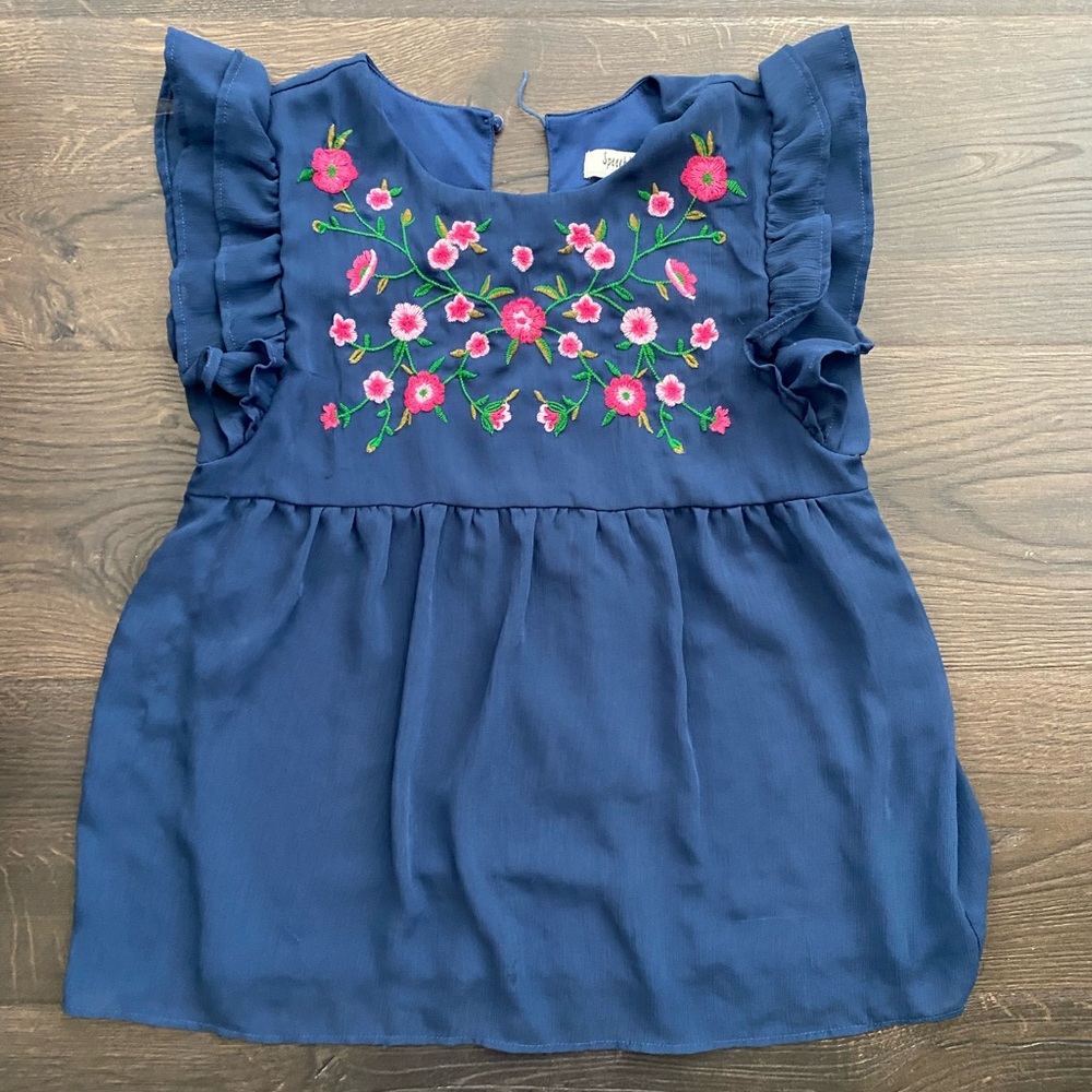 Speechless Girls Navy Blue Embroidered Floral Blouse Flutter Sleeve Size Large